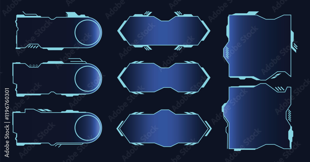 Poster Frames HUD futuristic style. Abstract geometric patterns. Futuristic technology icons, digital technology on a dark blue background.
