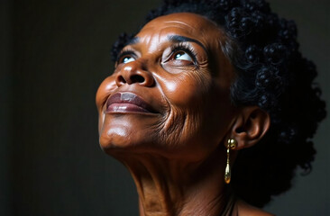 Portrait of a senior African American woman smiling and looking up with hope and faith.