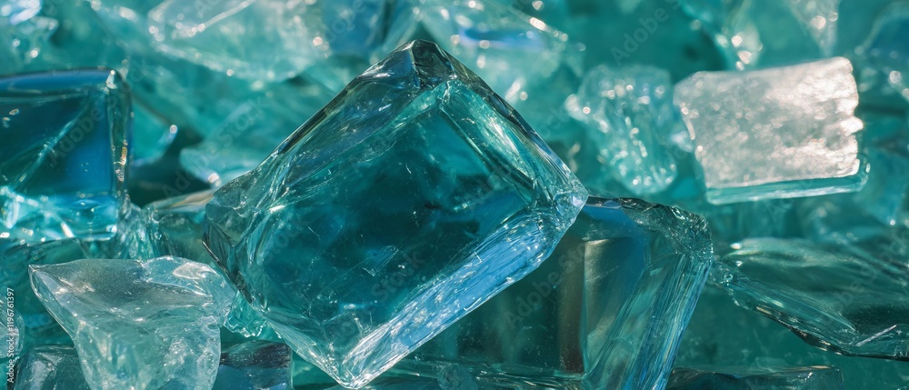 Poster Shards of transparent glass with sharp edges reflecting light in various angles