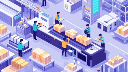 Factory workers packaging products for shipping in a high-tech facility.