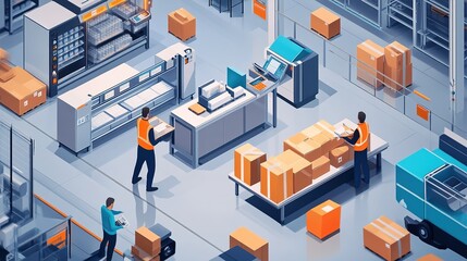 Obraz premium Factory workers packaging products for shipping in a high-tech facility.