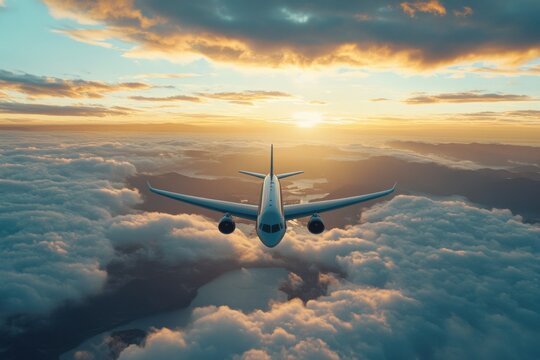 Aerial Journey Through Clouds: Aircraft at Sunset Glory