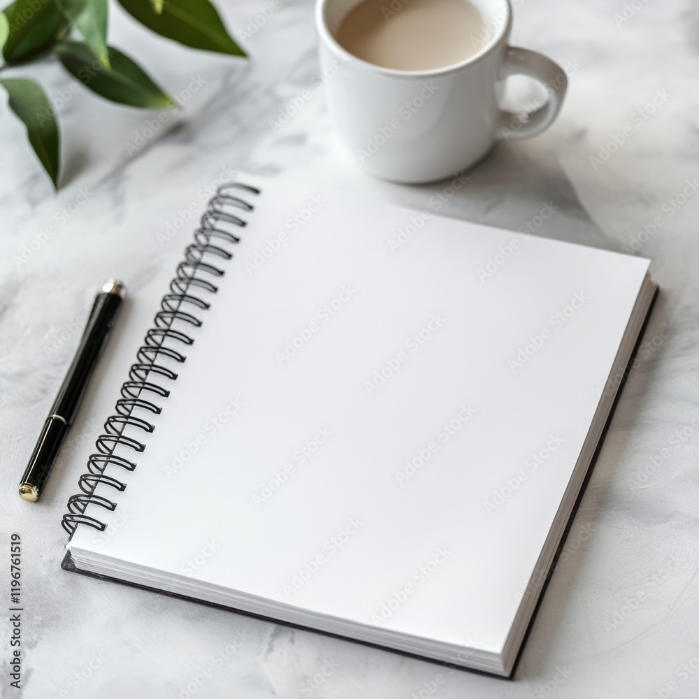 Leinwandbilder blank notebook on a marble table with a cup of coffee and a pen ready for writing or sketching ideas