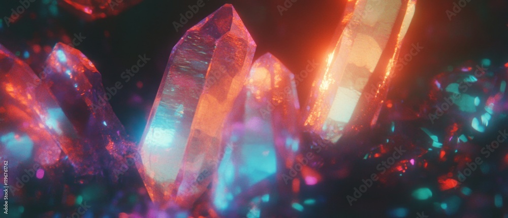 Poster vibrant crystals illuminating a dark background with refracting multicolored light