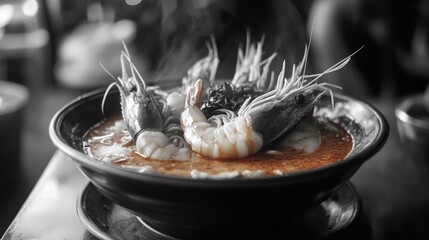 This is a delicious and healthy Thai dish, featuring prawns with herbs in a savory broth. The flavorful steamy soup is a delight for the palate.