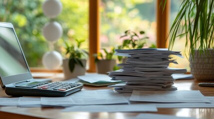 A cluttered desk with a laptop, calculator, and a stack of documents, surrounded by plants and sunlight filtering through a window.