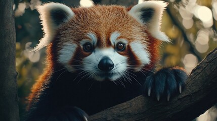 Obraz premium A red panda on a branch in the wild, looking at the camera with a curious expression.