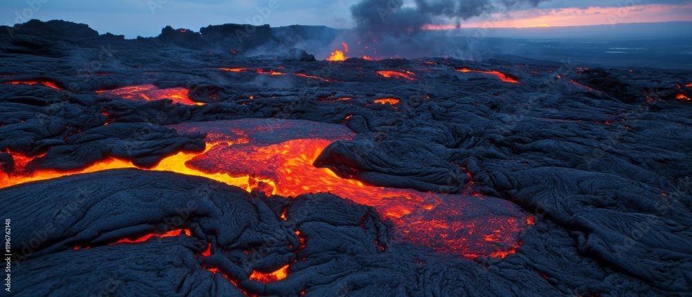 Poster glowing lava flows over molten rock illuminated by the fiery glow at dusk in a volcanic landscape