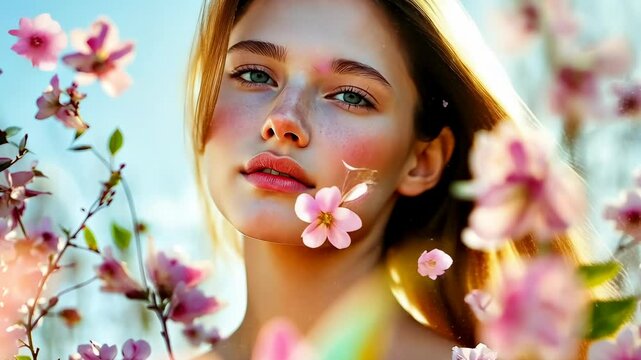 Young woman appreciating nature outdoors.Blonde gazing pink blossoms.Peaceful setting sunny day.Spring blooms enhance serene mood.Portrait captures gentle,reflective emotion.Close-flowering trees.