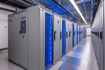 Naklejka premium Rows of server racks in a data center.