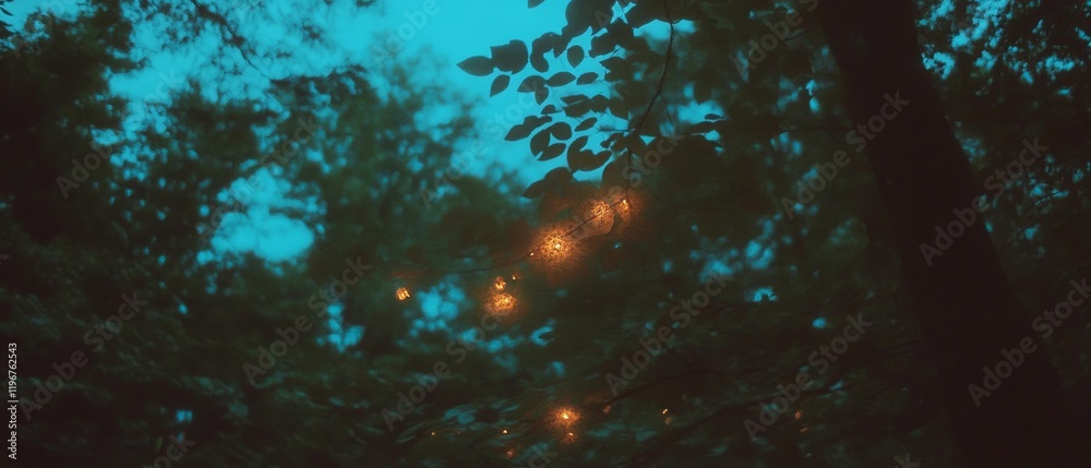 Poster glowing trees with ethereal leaves create a magical atmosphere in the twilight forest