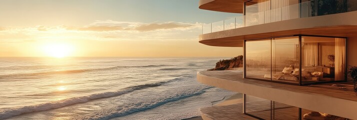 A beach house with large open balconies facing the ocean waves
