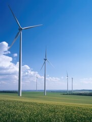 Wind farms with modern wind turbines, set against a backdrop of clear blue sky and fields.