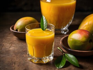 Fototapeta premium Fresh tropical fruit smoothie mango juice on wooden background with leaves and fruits. 