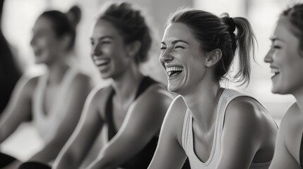 Fitness, healthy, friendship, group training, laughter, exercise, workout buddies, smiling, sporty women, gym class