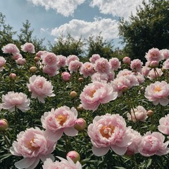 Fototapeta premium A garden of soft pink peonies blooming with a radiant white sky above.