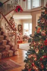 Obraz premium Christmas tree is lit up in a living room with a staircase leading up to it. The room is decorated with Christmas lights and a wreath