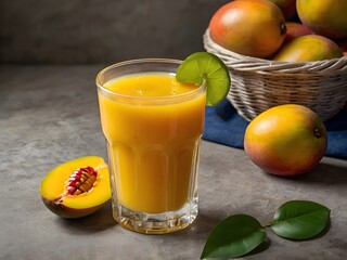 Fototapeta premium Fresh tropical fruit smoothie mango juice on wooden background with leaves and fruits. 