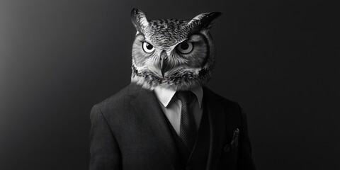 Obraz premium Man dressed in a suit and tie is wearing an owl head. The image has a dark and mysterious mood, as the owl head is a symbol of wisdom and intelligence