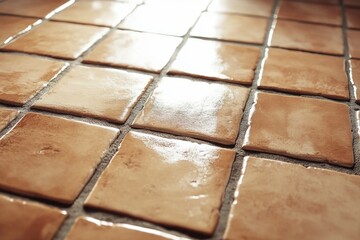 Detailed view of a tile floor showing the individual pieces and their reflections on a wet surface.