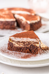 Delicious chocolate dessert, cheesecake brownies with cream cheese and cocoa