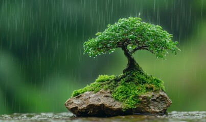 Naklejka premium Bonsai Tree in Rain with Mossy Rock and Blurred Green Background