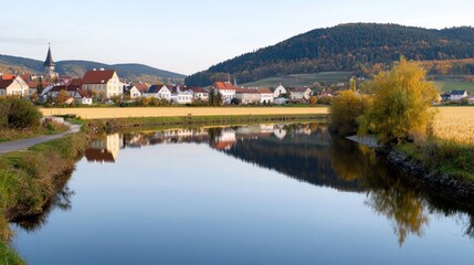 Fototapeta na wymiar Autumn Village Reflection
