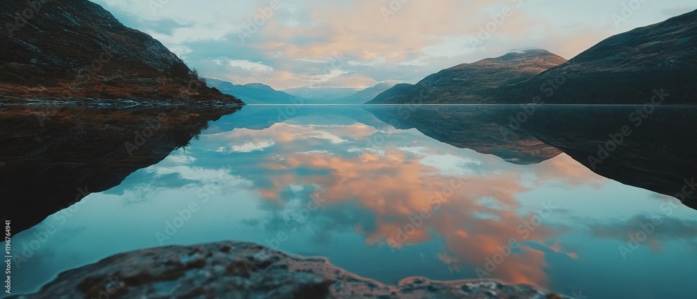 Poster tranquil reflections of a vibrant sky in a serene lake during twilight hours