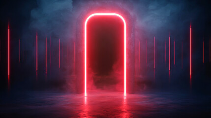 A glowing neon doorway surrounded by mist, evoking a futuristic ambiance.