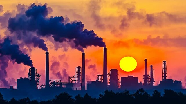Sunset industrial smokestacks.Vibrant hues frame factory.Pollution discrepancy natural beauty.Smoke billows twilight hours.Manufacturing impact aesthetics.silhouettes vivid sky.