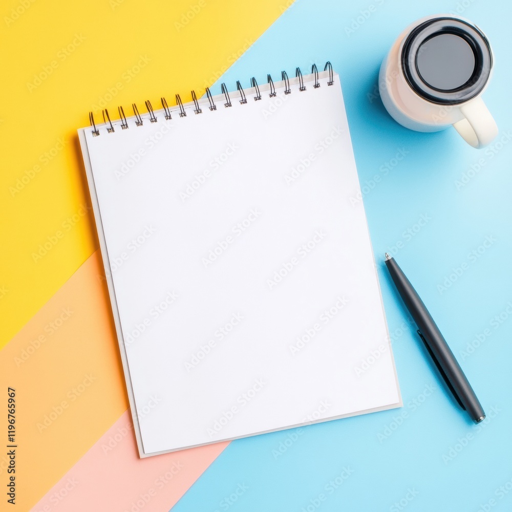 Leinwandbilder blank notepad with pen and coffee on a colorful desk for creative ideas and brainstorming. generativ