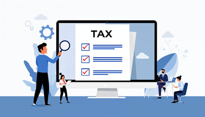 Individuals reviewing tax documents on a digital platform in a modern workspace