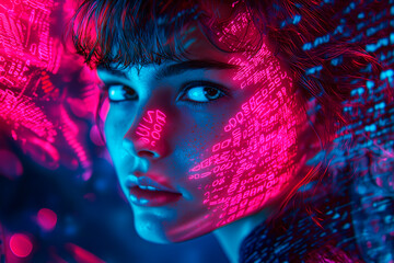 Futuristic retro style portrait of a young woman, 80s inspired cyberpunk aesthetic, deep shadows, vibrant neon lights illuminating her face, intricate glowing patterns in the background. Mysterious 