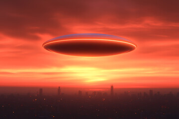 A mysterious UFO hovering above a vibrant sunset in an urban environment.