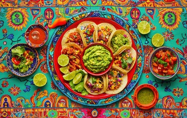 Fototapeta premium A colorful platter of tacos with fresh guacamole, salsa, and lime wedges, placed on a vibrant Mexican-style patterned cloth background