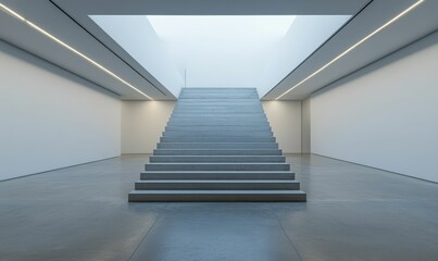 Obraz premium Modern concrete staircase, minimalist interior, bright overhead light.