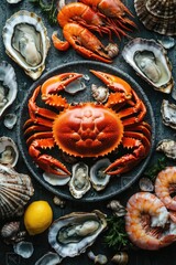Fototapeta premium Variety of seafood ready for cooking, including oysters, crabs and shrimp.
