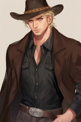 Fototapeta premium anime style portrait of a young man with a cowboy hat