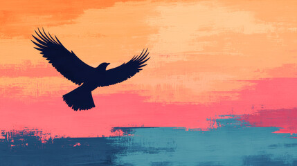 Naklejka premium A silhouette of a bird soaring against a vibrant, abstract sunset background.