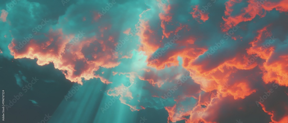 Poster Sunbeams breaking through vibrant clouds create a stunning display in the sky