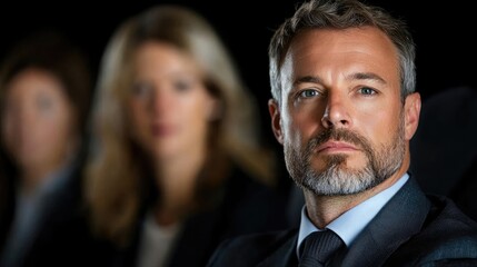 Confident businessman leading a team, serious expression, dark background, corporate leadership
