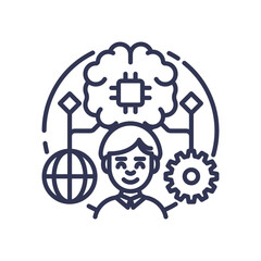 Illustration of AI integration with human intelligence, featuring a brain, chip, globe, and gear.