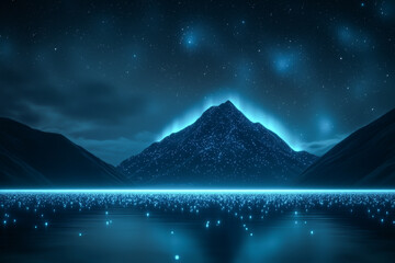 Fototapeta premium A stunning mountain illuminated by stars and a glowing lake under a night sky.