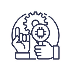 Hands holding a magnifying glass with a microchip and a gear, symbolizing AI exploration and innovation.