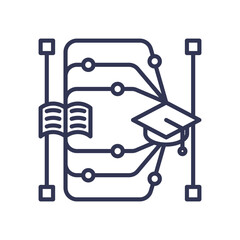 Illustration of a digital learning path with a book and graduation cap symbolizing educational progress.