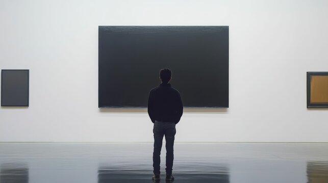 Person views artwork; minimalist gallery setting.