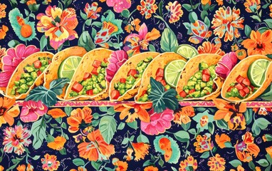 A colorful platter of tacos with fresh guacamole, salsa, and lime wedges, placed on a vibrant Mexican-style patterned cloth background