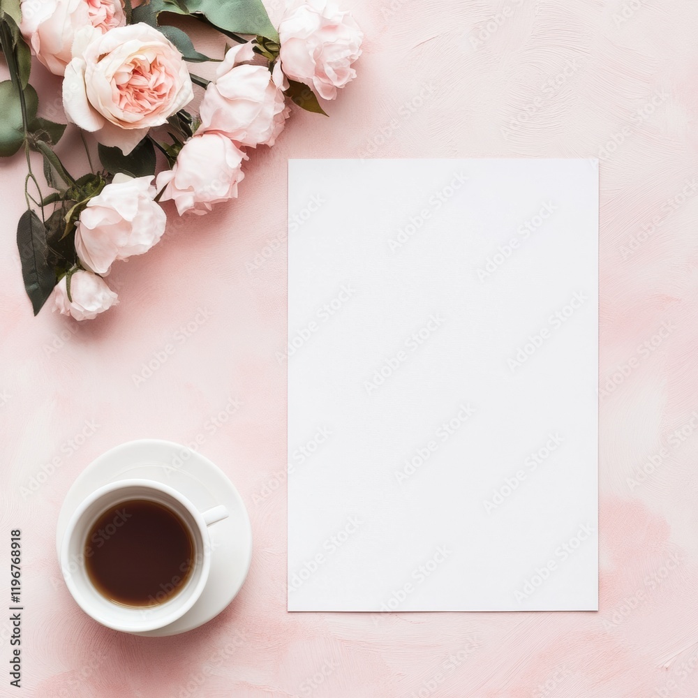 Aufkleber elegant workspace featuring empty paper, floral arrangement, and a cup of coffee on a soft pink back
