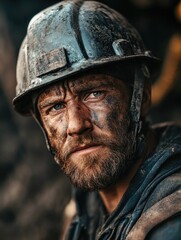 Fototapeta premium A miner wearing a helmet, covered in black dust from the mines.