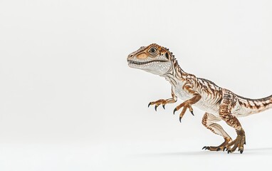 Fototapeta premium A fierce Velociraptor in a dynamic pose, ready to pounce, captured with sharp details on a clean white backdrop